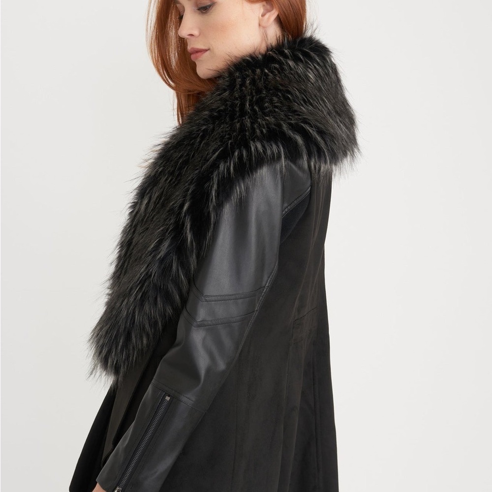 BNWOT Joseph Ribkoff Black Faux Fur Collar Waterfall Coat Jacket Size S/P - Picture 2 of 14
